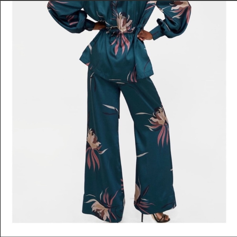 Zara Floral Satin High Waist Palazzo Pants